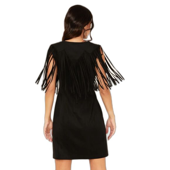 Idyllwind Lady Bird Black Fringe Faux Suede Mini Dress Size L Western Boho - Picture 2 of 10